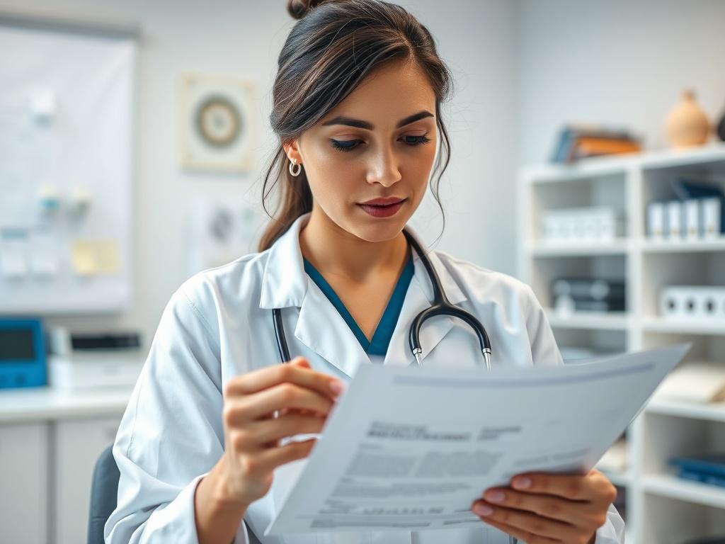 A close up shot of a healthcare professional reviewing credentialing