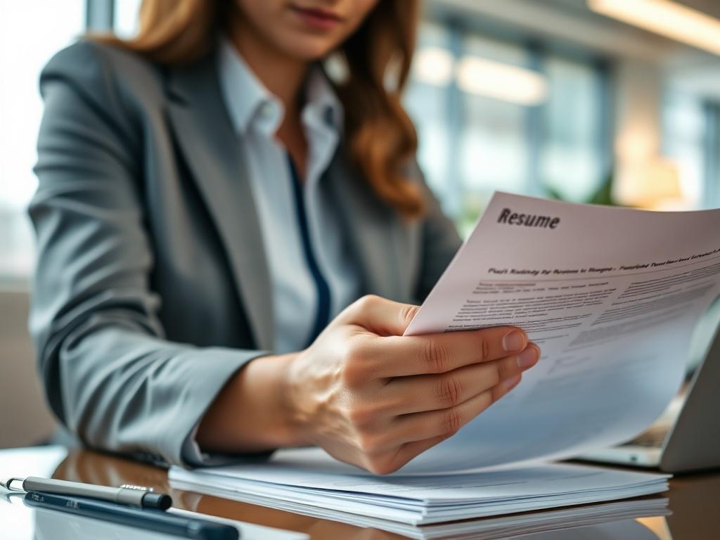 A close up shot of a professional recruiter reviewing resumes