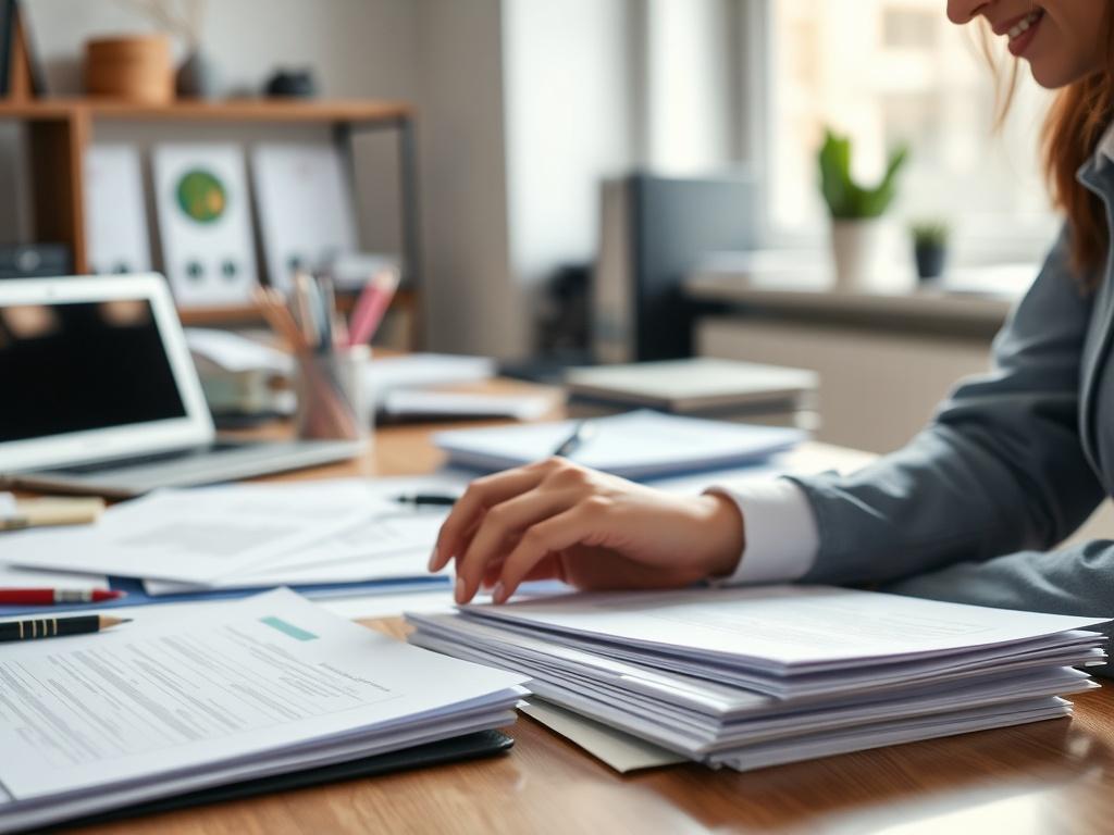 A close up shot of an administrative assistant organizing documents