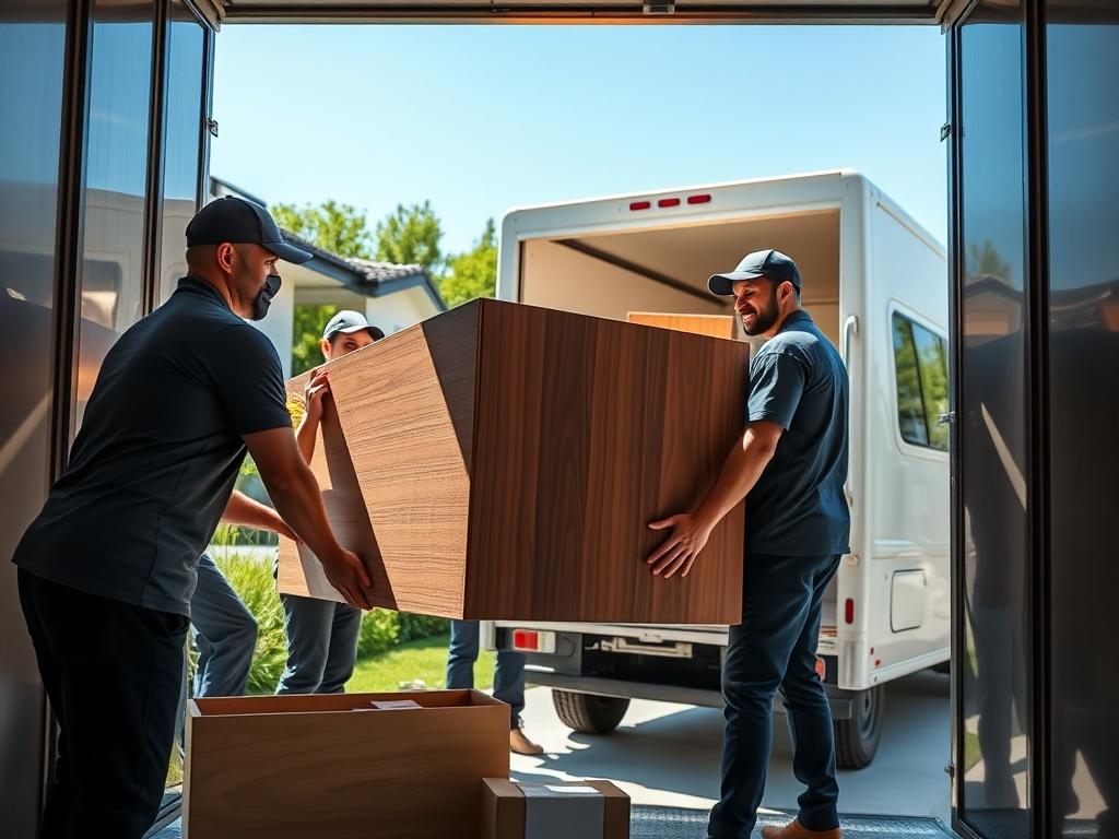 A high-resolution photo of a professional removalist team carefully loading furniture into a moving truck. The scene shows the team wearing uniforms, smiling, and working together to ensure everything is handled safely. The background features a clean, suburban home with a well-maintained garden, and the moving truck is parked in the driveway, reflecting a sunny day. The composition is clear and focused on the teamwork aspect of the move.
