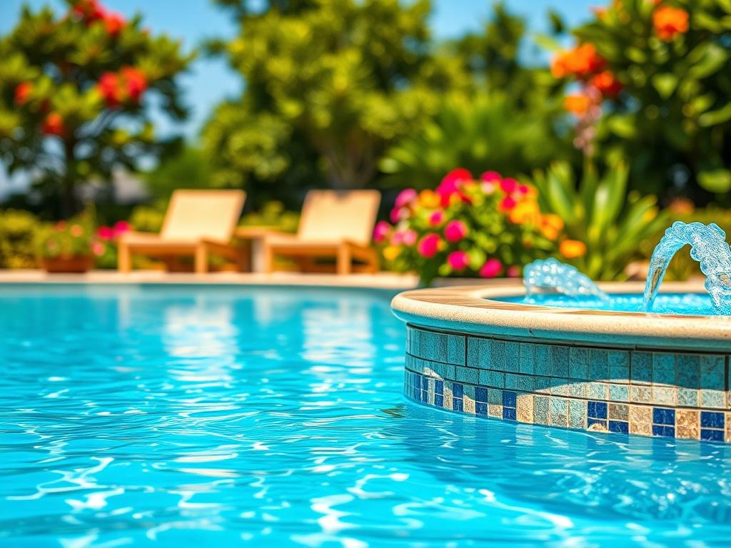 A hyper-realistic close-up of a sparkling clean swimming pool with clear blue water, surrounded by lush greenery and vibrant flowers, showcasing a relaxing spa area nearby with bubbling water. The composition should focus on the clarity of the water and the inviting atmosphere of the pool and spa area, captured in natural sunlight, with a clear blue sky in the background. The image should evoke a sense of relaxation and luxury.