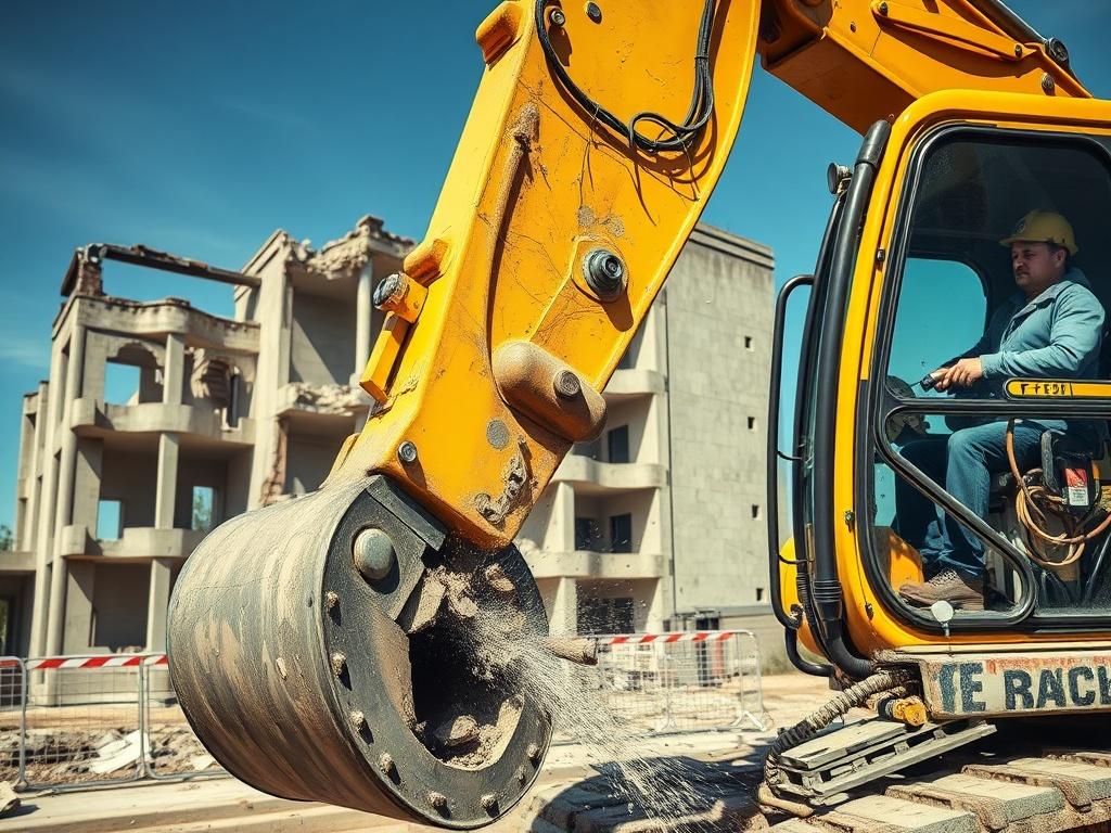 A close-up shot of a skilled worker operating a heavy demolition machine, with a focus on the machine's powerful hydraulic arm in action, breaking down a concrete wall. The background shows a partially demolished building, with clear blue skies and safety barriers in place. The composition is simple, highlighting the professionalism and efficiency of the demolition process, shot with a 45mm f/1.2 lens for a hyper-realistic effect.