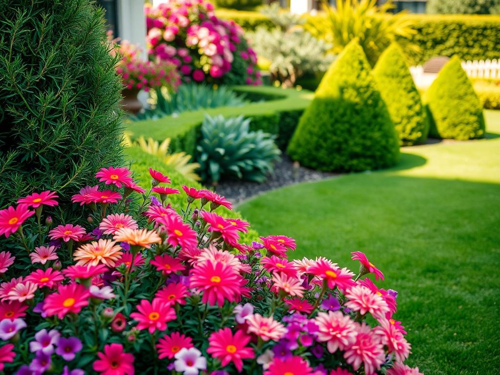 A high-resolution image capturing a beautifully landscaped garden, featuring vibrant flowers, lush green lawns, and neatly trimmed bushes. The scene is bright and inviting, showcasing the diversity and beauty of the outdoor space.