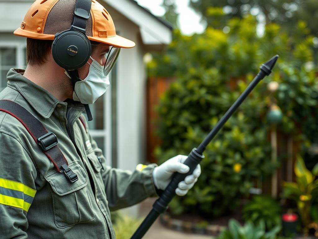 A high-resolution image of a pest control technician inspecting a residential property. The technician is equipped with eco-friendly pest control tools, and the background shows a well-maintained garden, emphasizing a safe and healthy environment.