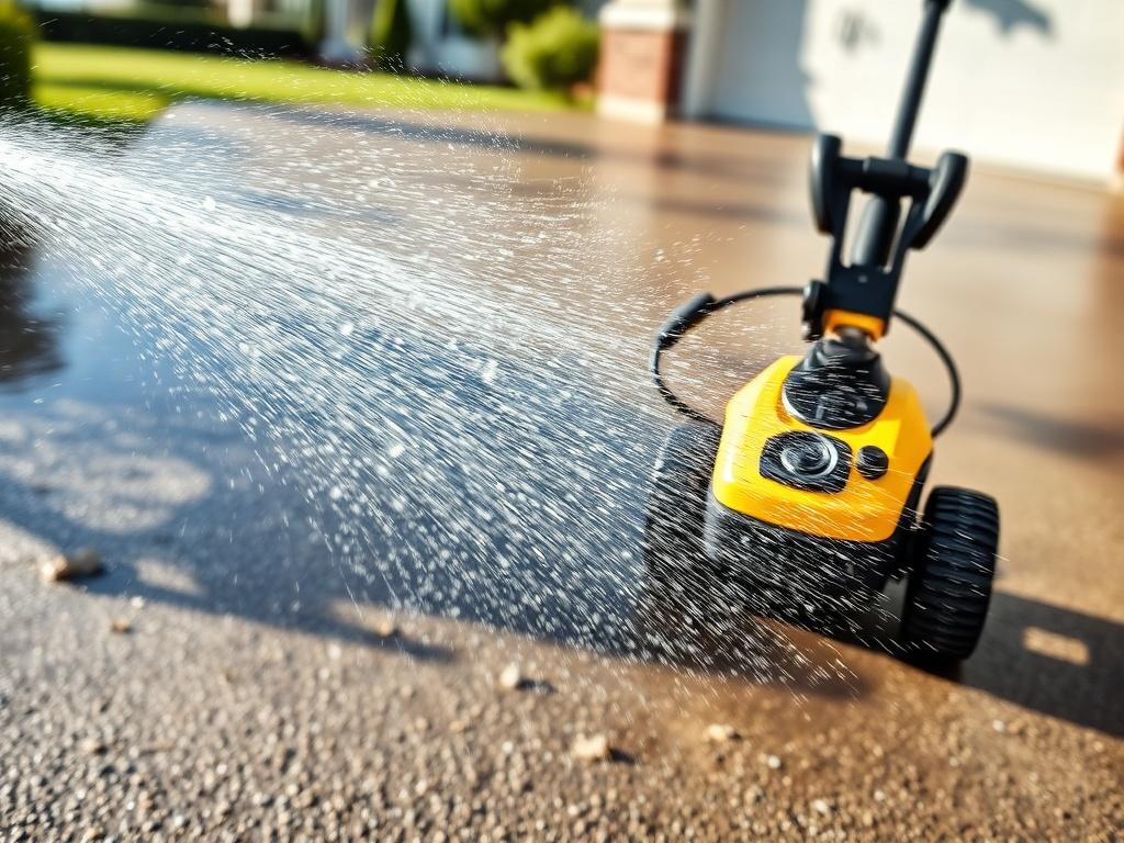 A high-resolution image showcasing a professional pressure washer in action, cleaning a driveway. The focus is on the powerful water spray removing dirt and grime, with a clean, bright driveway in the background. The scene is vibrant and fresh, emphasizing the effectiveness of pressure washing.