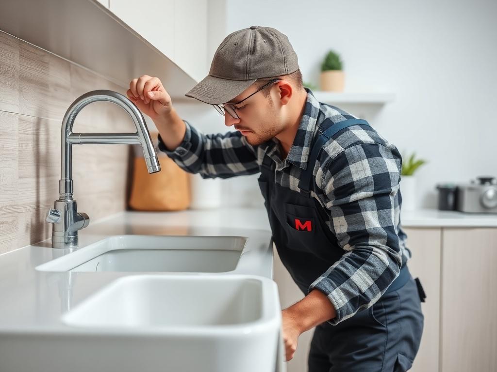 A high-resolution image of a professional plumber in action, fixing a sink in a modern kitchen. The focus is on the plumber's skill and the quality of the plumbing work, with a clean and stylish kitchen setting in the background.