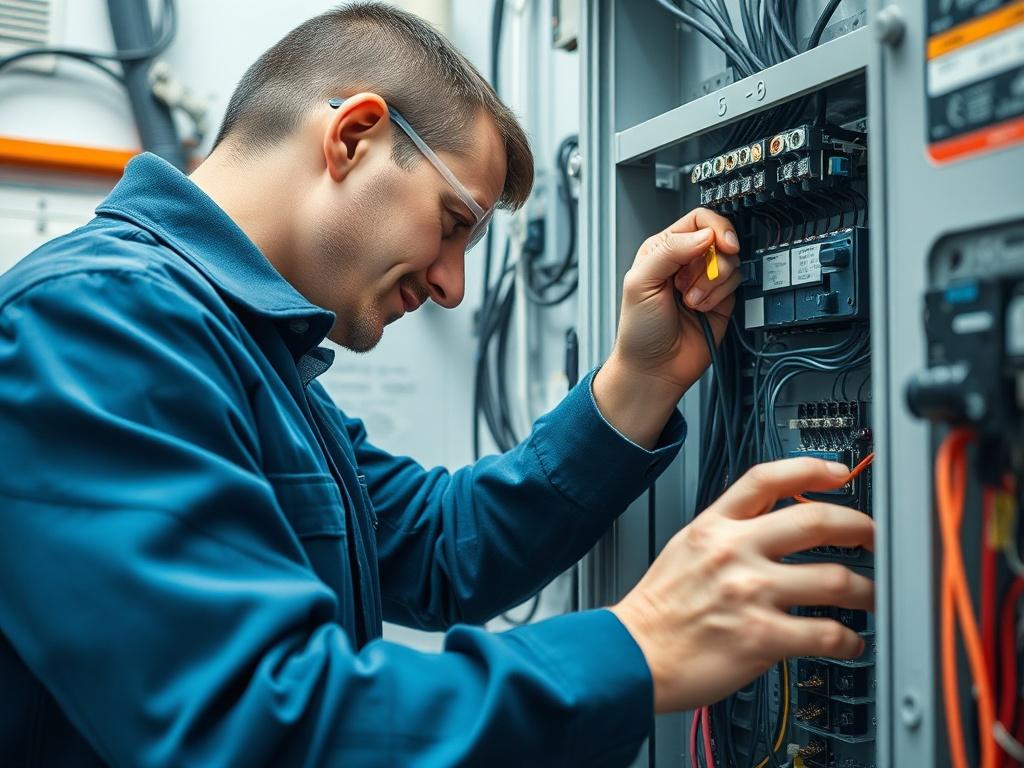 A high-resolution image of a professional electrician working on a circuit panel. The focus is on the electrician's expertise and attention to detail, with tools and a clean workspace visible in the background.