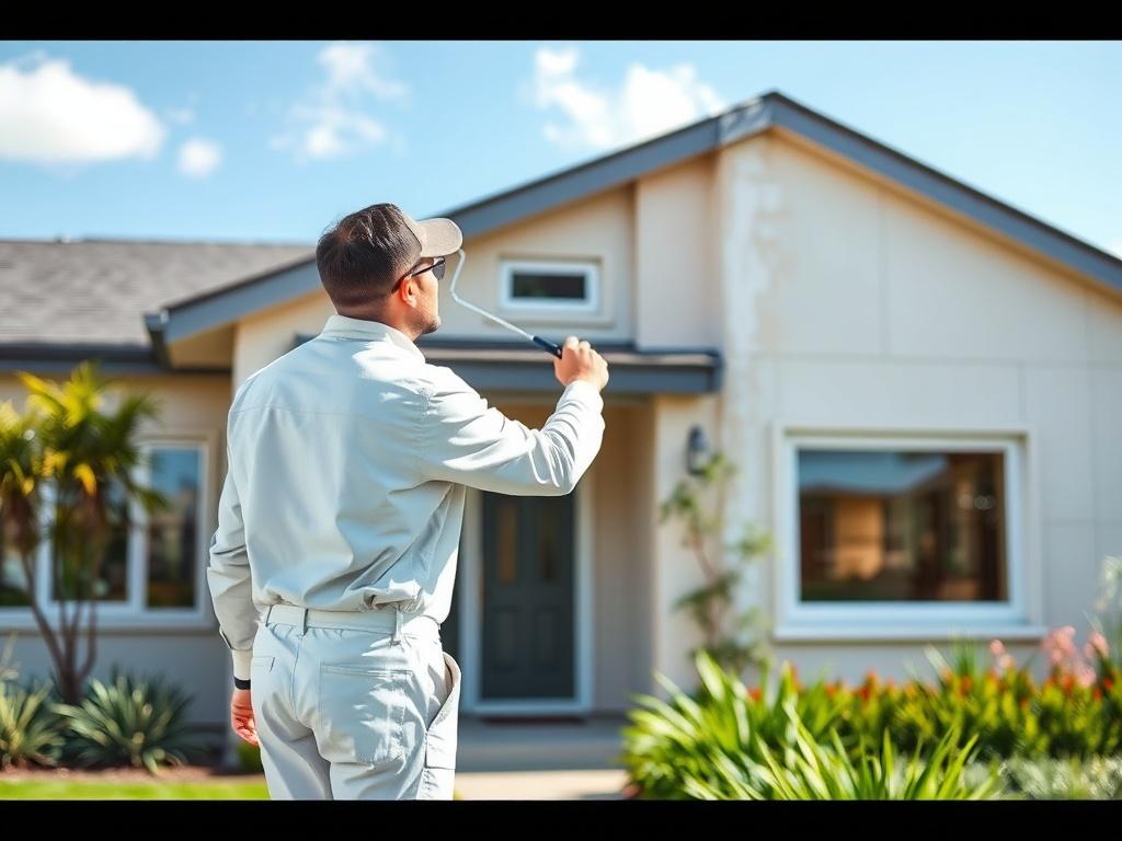 A professional painter in action, applying a fresh coat of paint to a modern home exterior. The painter is wearing a white uniform and using a roller brush, with a beautiful green garden and blue sky in the background. The composition is simple and clear, focusing solely on the painter and the house, showcasing vibrant colors and a clean, modern aesthetic.