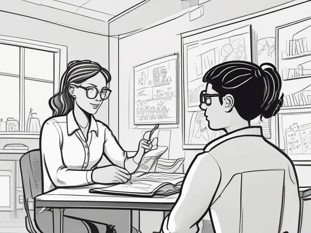 A student sitting at a desk, engaged in a classroom setting, with a teacher explaining a concept in front of a whiteboard. The environment appears bright and inviting, with educational materials around. The student looks attentive and curious, illustrating a positive learning experience. The background is simple and clear, focusing on the interaction between the teacher and the student.