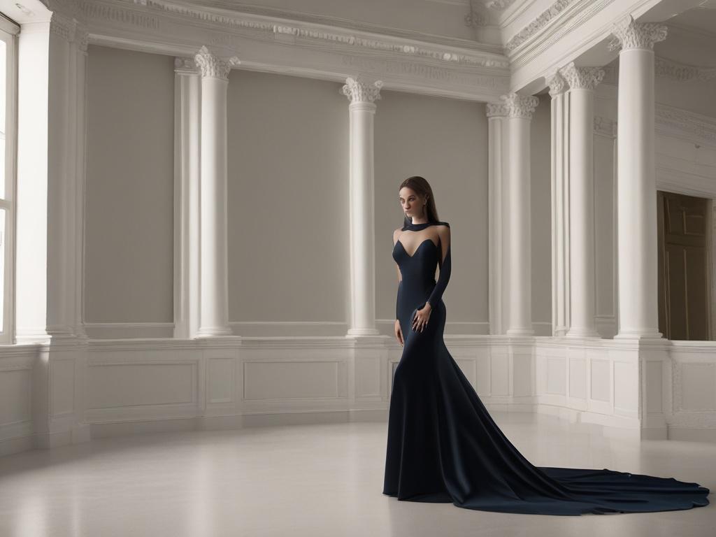 A stunning, poised escort in an elegant dress standing against