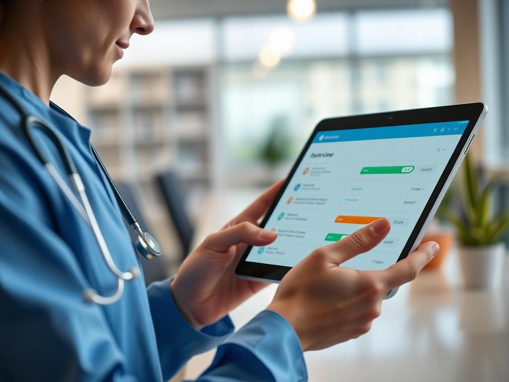 A close-up shot of a healthcare professional using a digital device to manage credentialing information in a well-lit, modern workspace. The screen displays a user-friendly interface with checklists and progress bars, indicating a smooth and efficient credentialing process.