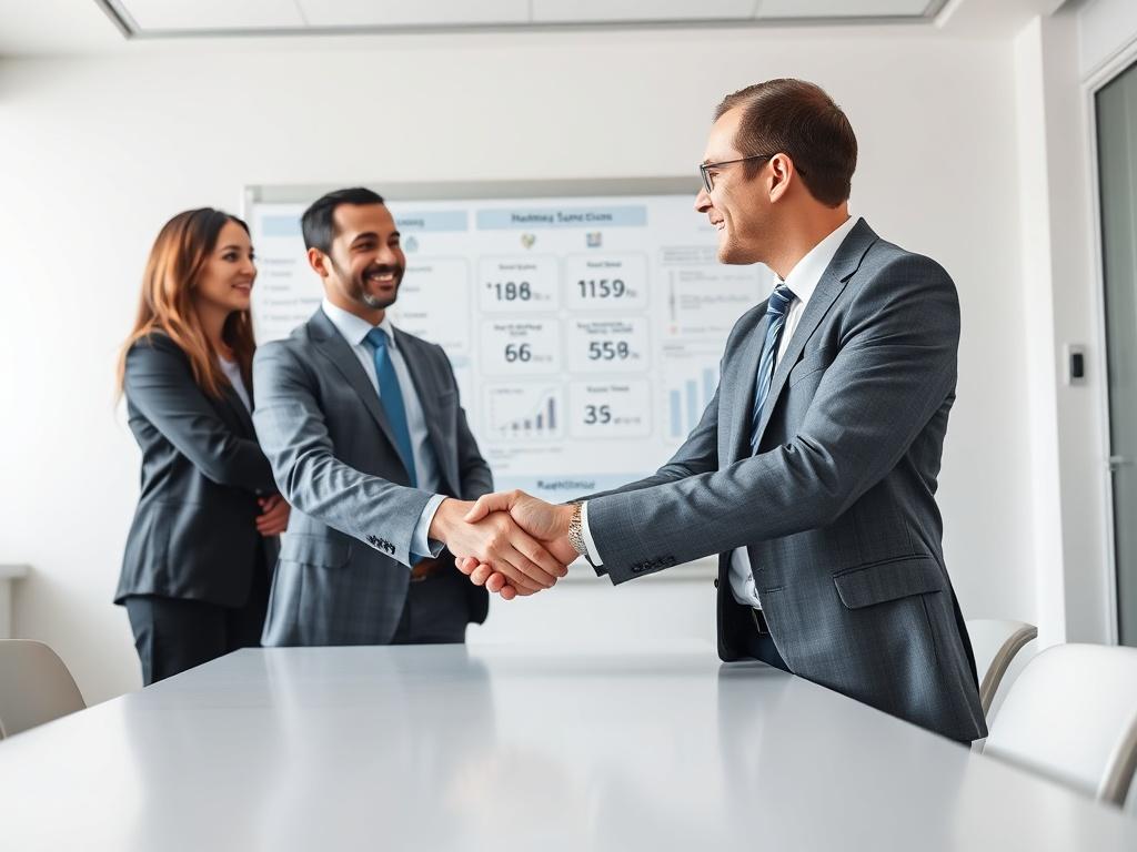 A close-up shot of a healthcare staffing agency representative shaking hands with a hospital executive in a bright conference room. In the background, a whiteboard filled with strategic plans and retention metrics can be seen, illustrating a partnership focused on growth and success.