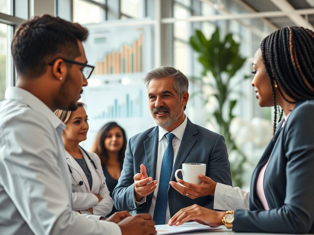 A close-up shot of a healthcare executive discussing talent acquisition strategies with a diverse team of professionals in a modern office setting. The background features charts and graphs that symbolize growth and efficiency, with natural light filtering through large windows. The overall mood is collaborative and focused, with all individuals engaged in a productive conversation.
