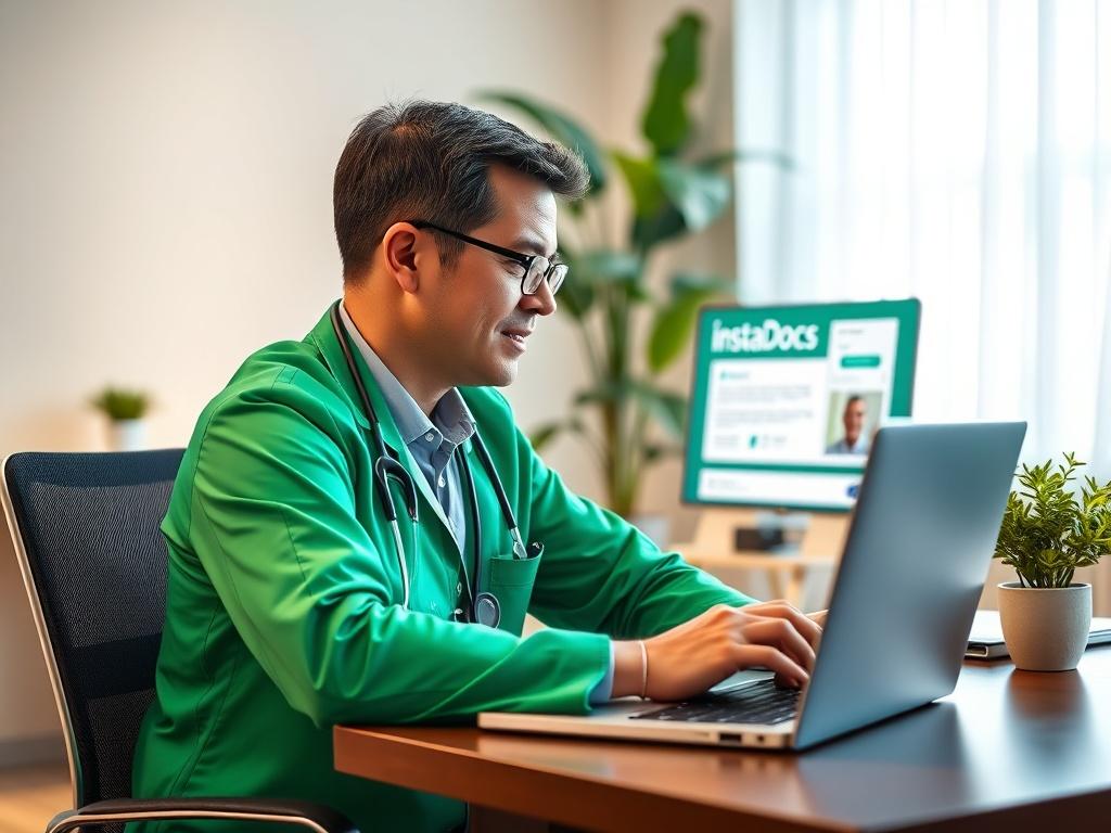 A healthcare professional sitting at a desk, attending a virtual webinar on a laptop. The background has soft, professional lighting and a plant is placed on the desk. The focus is on the screen showing the InstaDocs interface, with vibrant colors that complement the primary green color. The scene conveys a sense of professionalism and innovation.