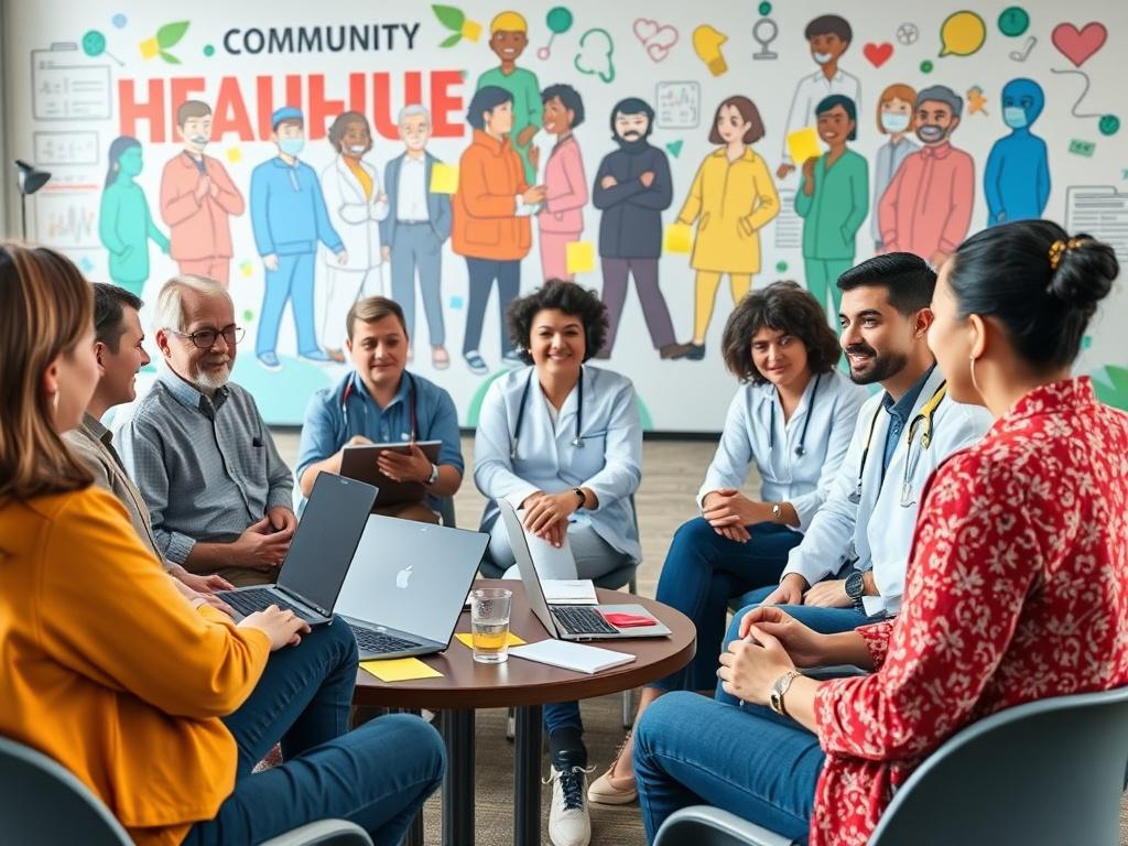 A vibrant setting with diverse healthcare professionals seated in a circle for an open discussion forum. Colorful post-it notes and laptops are visible, emphasizing collaboration. The background features a large mural celebrating healthcare innovation. The focus is on participants exchanging ideas enthusiastically, highlighting community engagement.