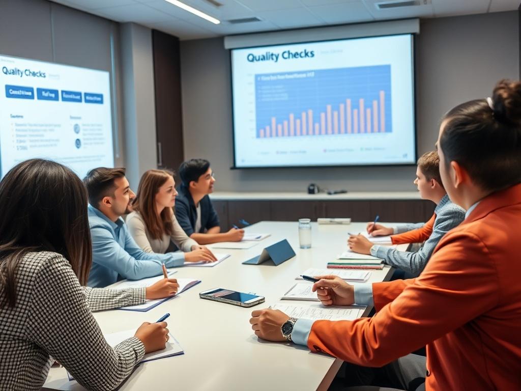 A group of professionals gathered around a conference table, engaged in discussion during a workshop. The room is well-lit with a modern aesthetic, featuring a large presentation screen displaying Quality Checks data. The focus is on a facilitator presenting, with participants actively taking notes. The atmosphere exudes collaboration and learning.