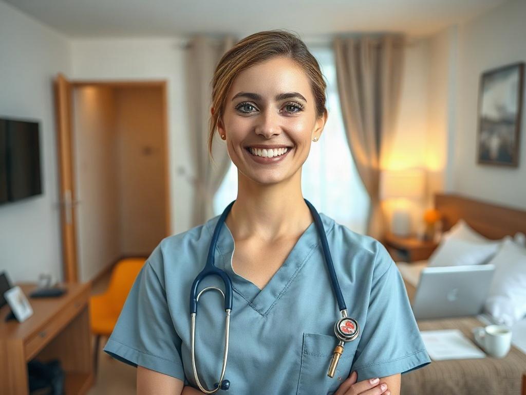 **AI Image Generation Prompt:**

Create a realistic high-resolution photo that represents the essence of the blog titled "Travel Nurse Stipends: What You Need to Do to Receive Them Tax-Free." The composition should focus on a single travel nurse, showcasing them in a professional yet approachable manner. 

**Subject Matter:** The travel nurse should be a Caucasian female, smiling, dressed in scrubs with a stethoscope draped around her neck, symbolizing her commitment to healthcare. She should be standing in