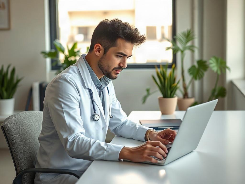 Create a hyper-realistic high-resolution image featuring a professional-looking individual seated at a modern desk in a well-lit, contemporary office environment. The subject, a confident and approachable healthcare professional, should be intently reviewing a selection of recruiter profiles on a sleek laptop. They should have an expression that conveys focus and determination, reflecting the importance of making informed decisions regarding recruiters.

The background should include subtle elements of a pr