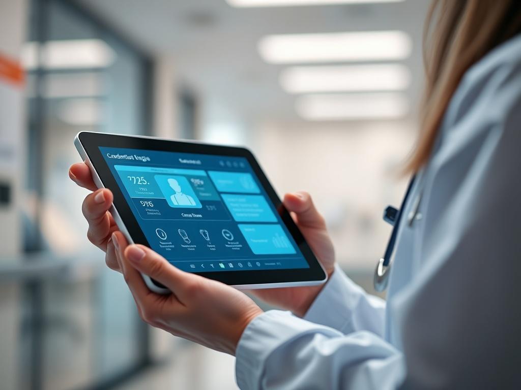 A close-up shot of a healthcare professional holding a tablet displaying digital credentials, with a blurred background of a modern healthcare setting. The image should capture the essence of professionalism and innovation in healthcare, focusing on the tablet as the main subject. Use a hyper-realistic style with vibrant colors, emphasizing the RGB(50, 170, 39) tone.