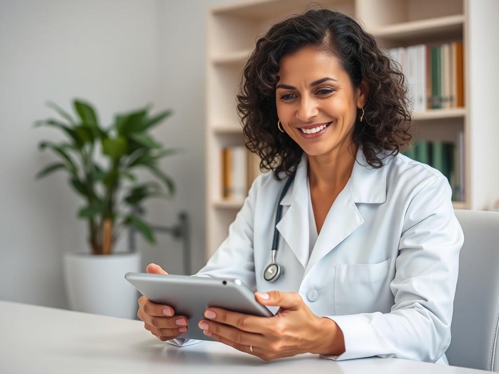 Create a realistic high-resolution photo that illustrates the concept of "Unlocking Your Credentials with InstaDocs." The image should feature a single healthcare professional, a middle-aged woman with dark curly hair, wearing a crisp white lab coat, seated at a modern desk in a bright, well-lit office. 

The healthcare professional should be engaged in using a sleek digital device, such as a tablet or smartphone, showcasing the use of InstaDocs. Her expression should convey a sense of satisfaction and empowerment as she accesses her credentials. 

In the background, the office should have soft colors, predominantly neutral tones, with a subtle hint of greenery from a potted plant placed on the desk to symbolize growth and renewal. An organized bookshelf filled with medical texts can be visible behind her to emphasize expertise and professionalism. 

The composition should be simple and clear, focusing on the interaction between the healthcare professional and the digital device, without any distractions. The final image should evoke the benefits of InstaDocs for healthcare professionals, highlighting ease of access and confidence in managing credentials.