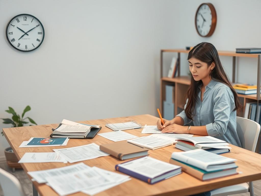 A focused student sitting at a study table, surrounded by