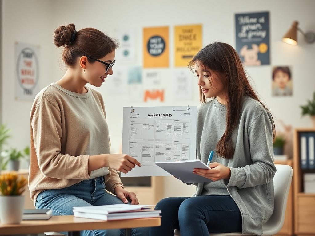 An inspiring academic success strategy session featuring a student and a tutor engaged in a discussion over a study plan. The tutor, a young woman, points at a chart while the student writes notes. The background is a bright, organized study space with motivational posters and soft lighting.