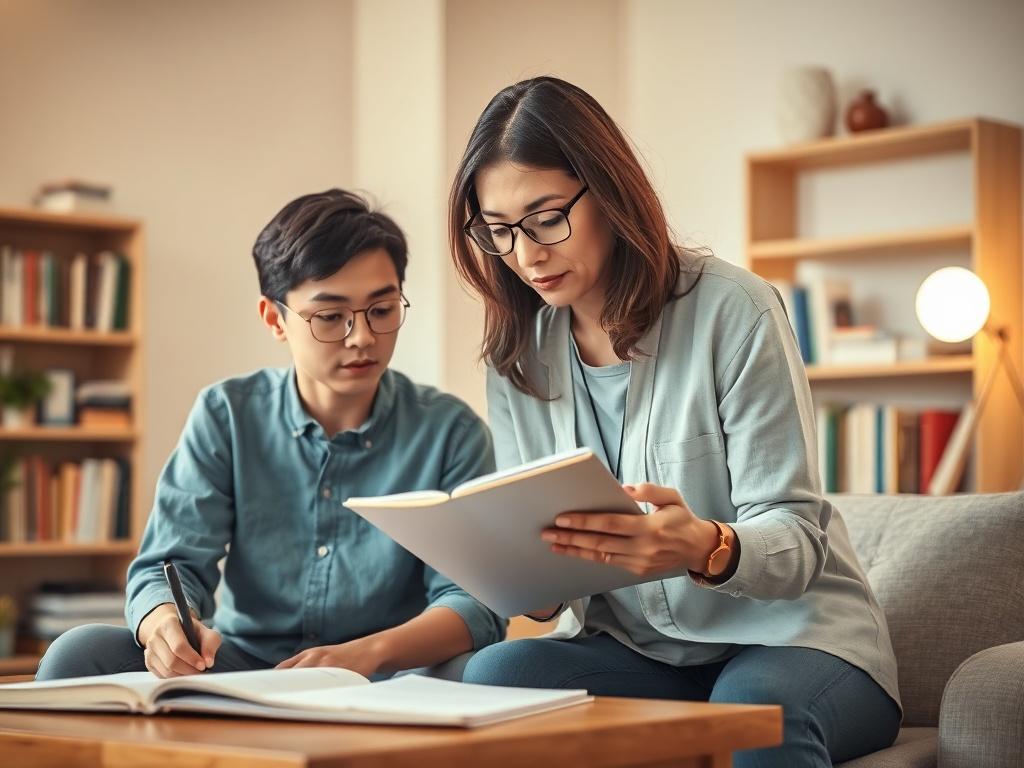 A peaceful tutoring environment featuring a single tutor and a student engaged in focused study. The tutor, a middle-aged woman with glasses, is explaining a concept using a notebook. The background showcases a cozy study room with soft-toned walls, a bookshelf filled with books, and gentle lighting creating a warm atmosphere.