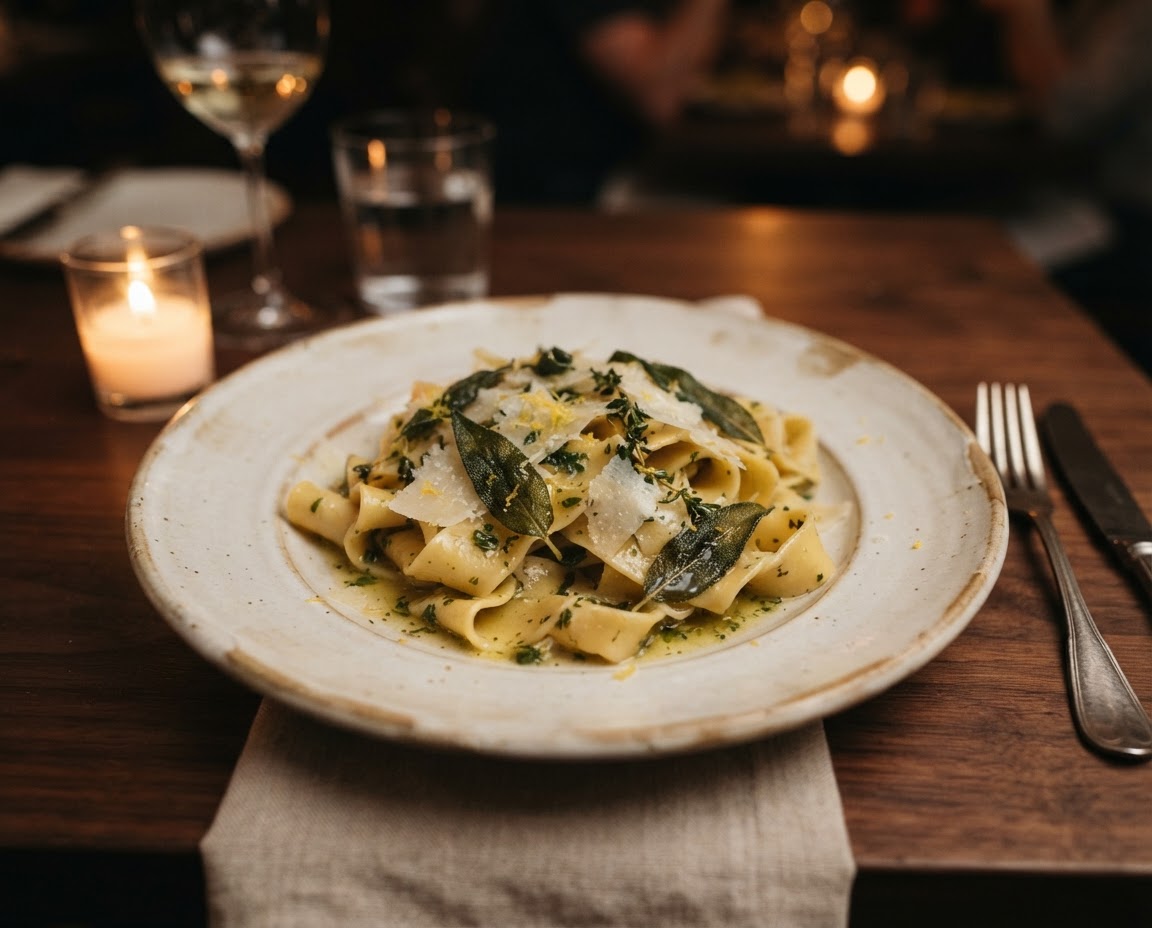 Handmade seasonal pasta with sage, parmesan, and lemon