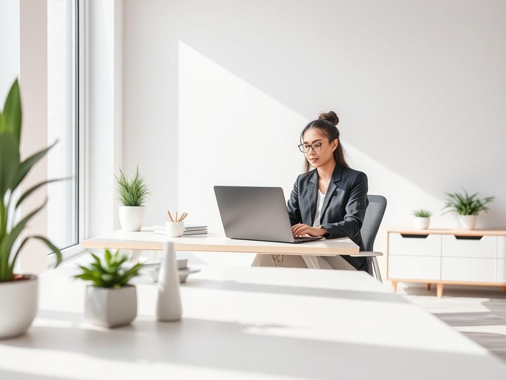 A modern office setting with a single professional working on