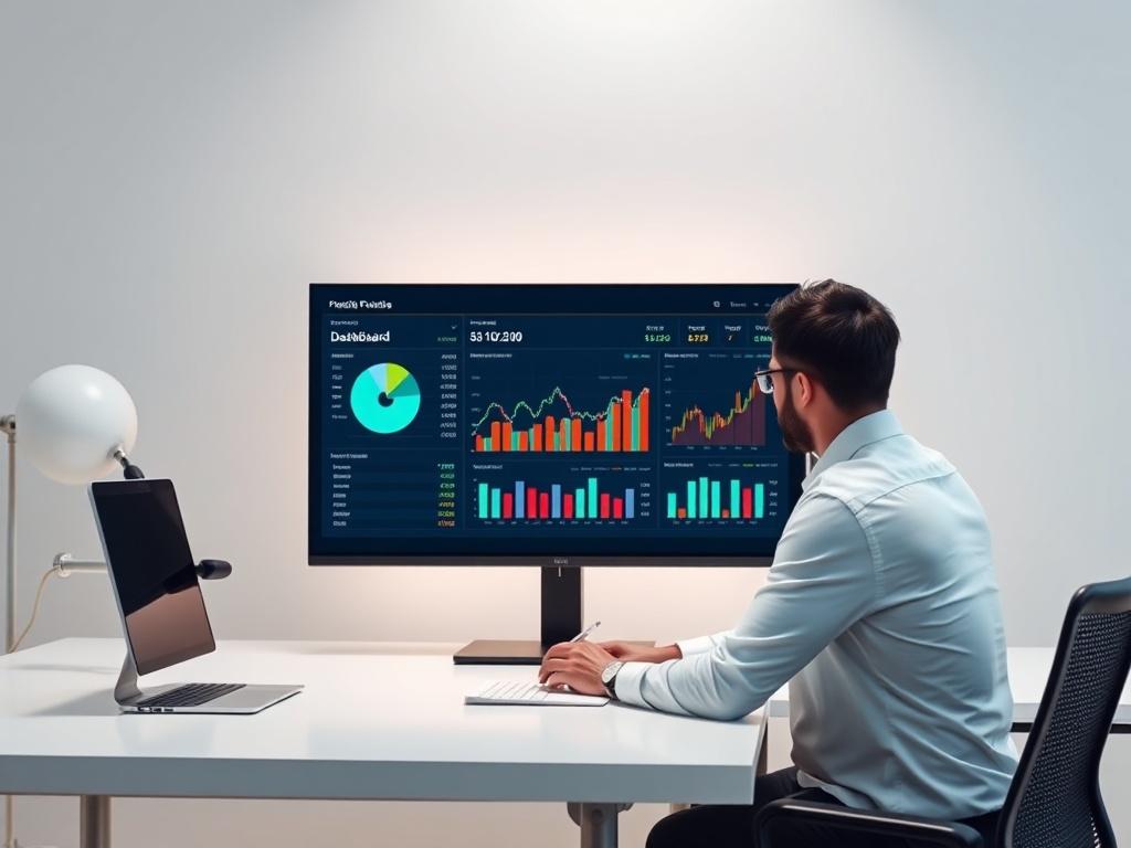 A sleek workspace featuring a digital financial dashboard displayed on