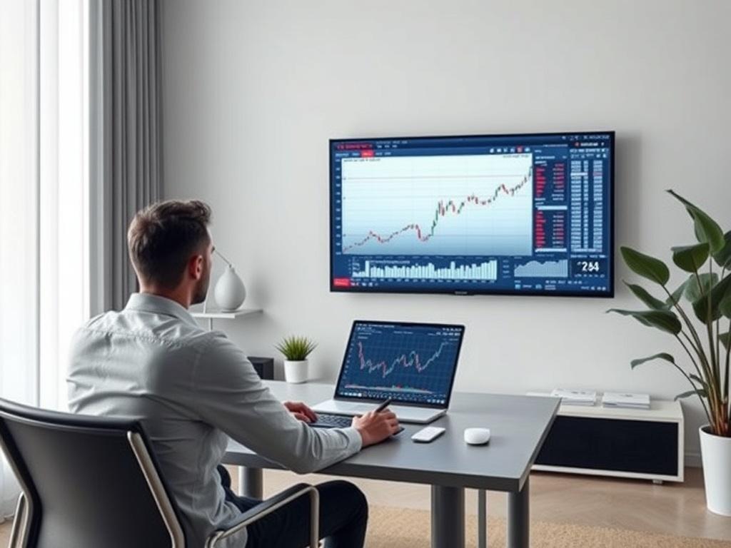 A sleek, modern workspace with a person analyzing real time