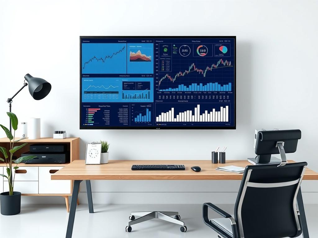 An analytical workspace featuring a large screen displaying financial graphs