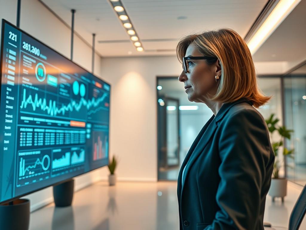 Create a realistic high-resolution image that captures the essence of "Harnessing AI for Financial Insights." The composition should be simple and clear, featuring a single subject: a professional looking at a large digital screen displaying dynamic financial data and AI-generated insights. The subject should be a middle-aged businesswoman, focused and wearing smart attire, indicating a tech-savvy financial analyst in a modern office setting.

The background should consist of a sleek, minimalist office spac