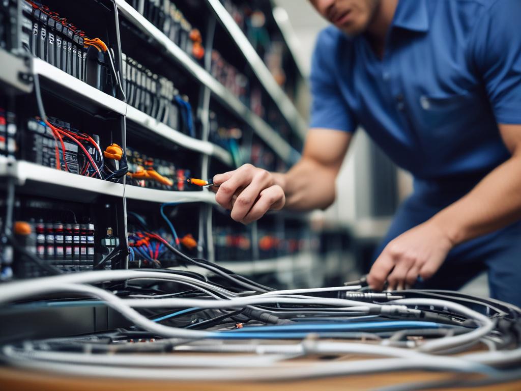 A close up shot of a professional technician installing network