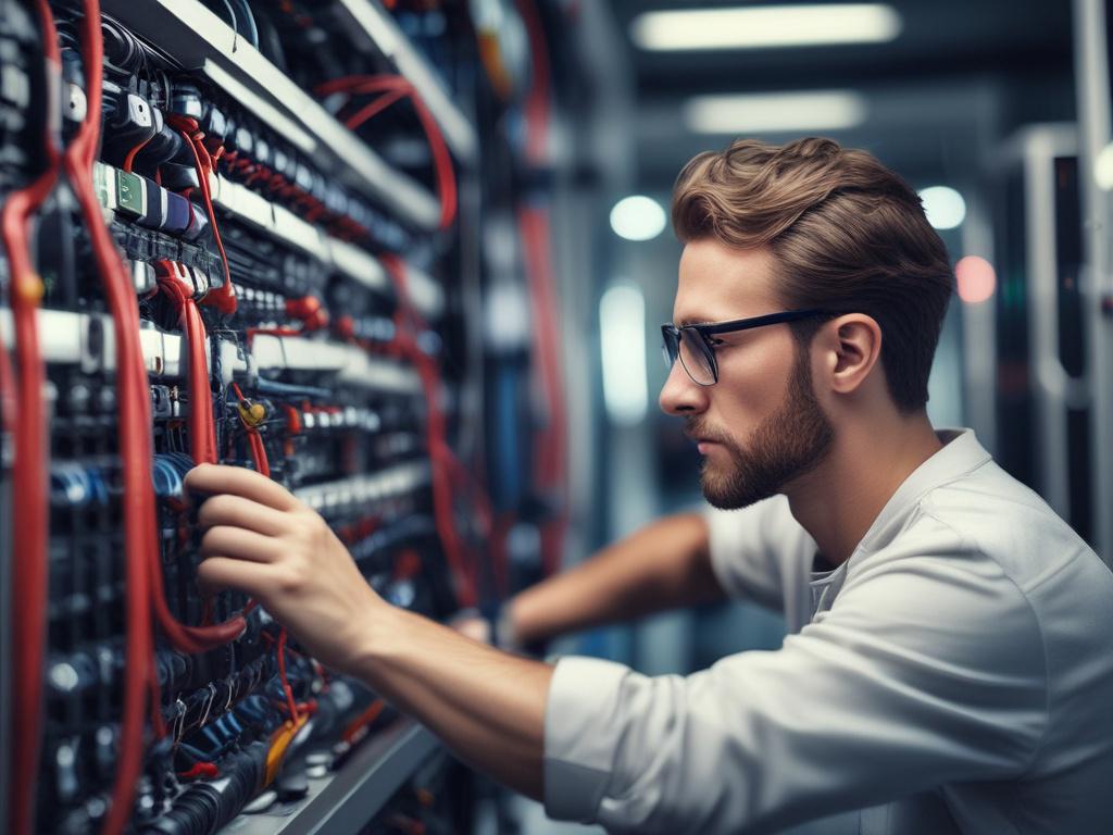 A close-up shot of a skilled technician expertly installing network cabling. The technician is focused on the task, showcasing precision and expertise. The background is blurred to emphasize the technician and the cabling equipment being used. The lighting is bright and clear, highlighting the vibrant green color (rgb(50, 170, 39)) in the technician's uniform, creating a professional and inviting atmosphere.