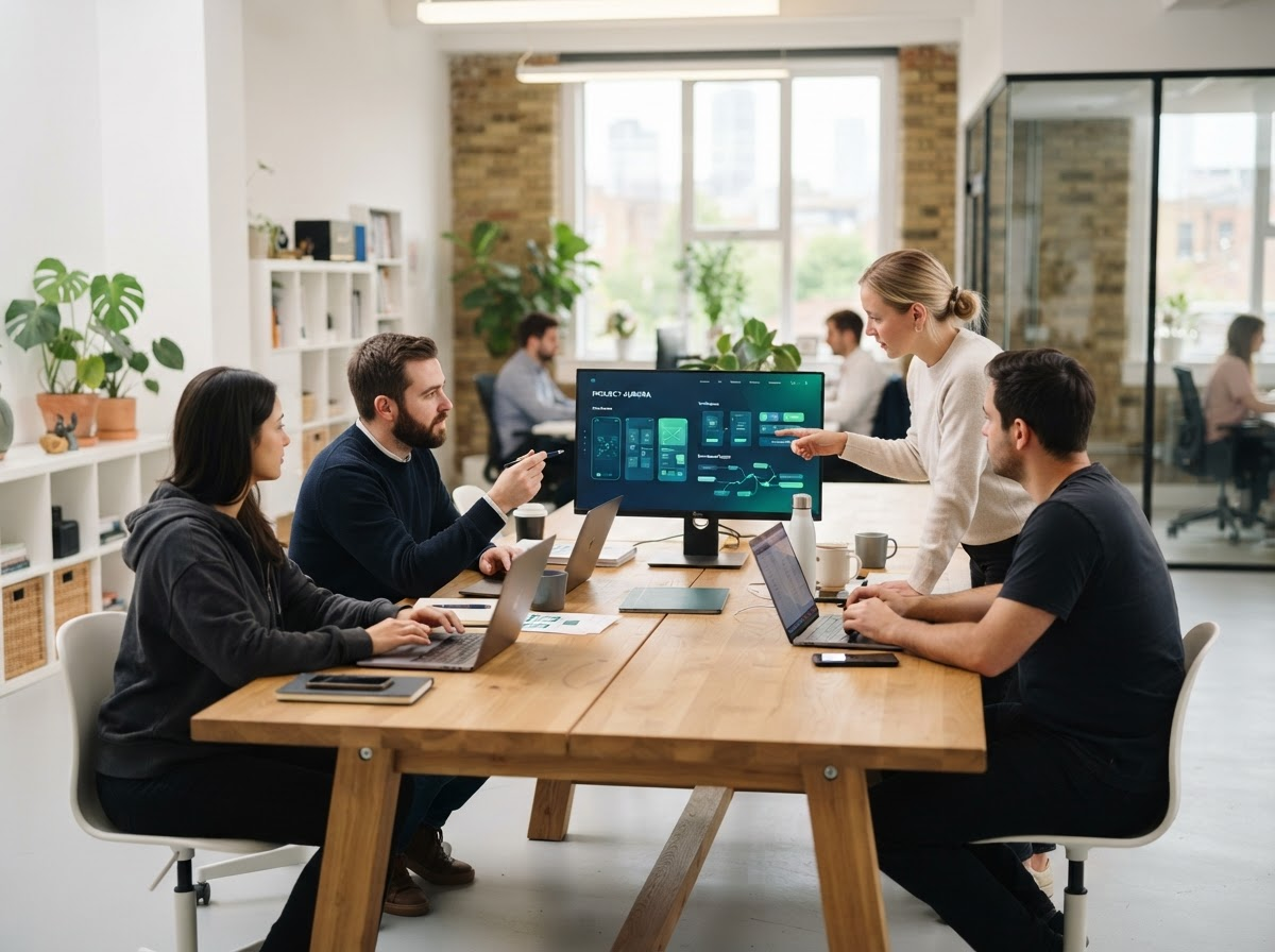 The Lush Peak Media team collaborating on mobile app designs