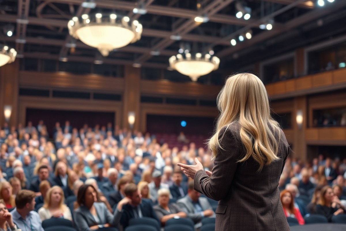 Professional speaker delivering keynote presentation to large conference audience