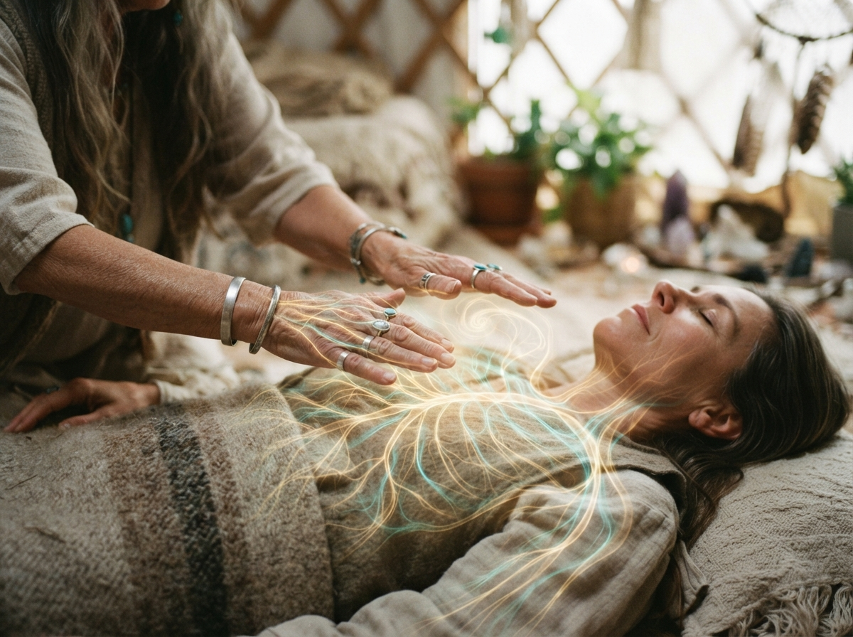 Shamanic healer hands creating healing light and nervous system flow