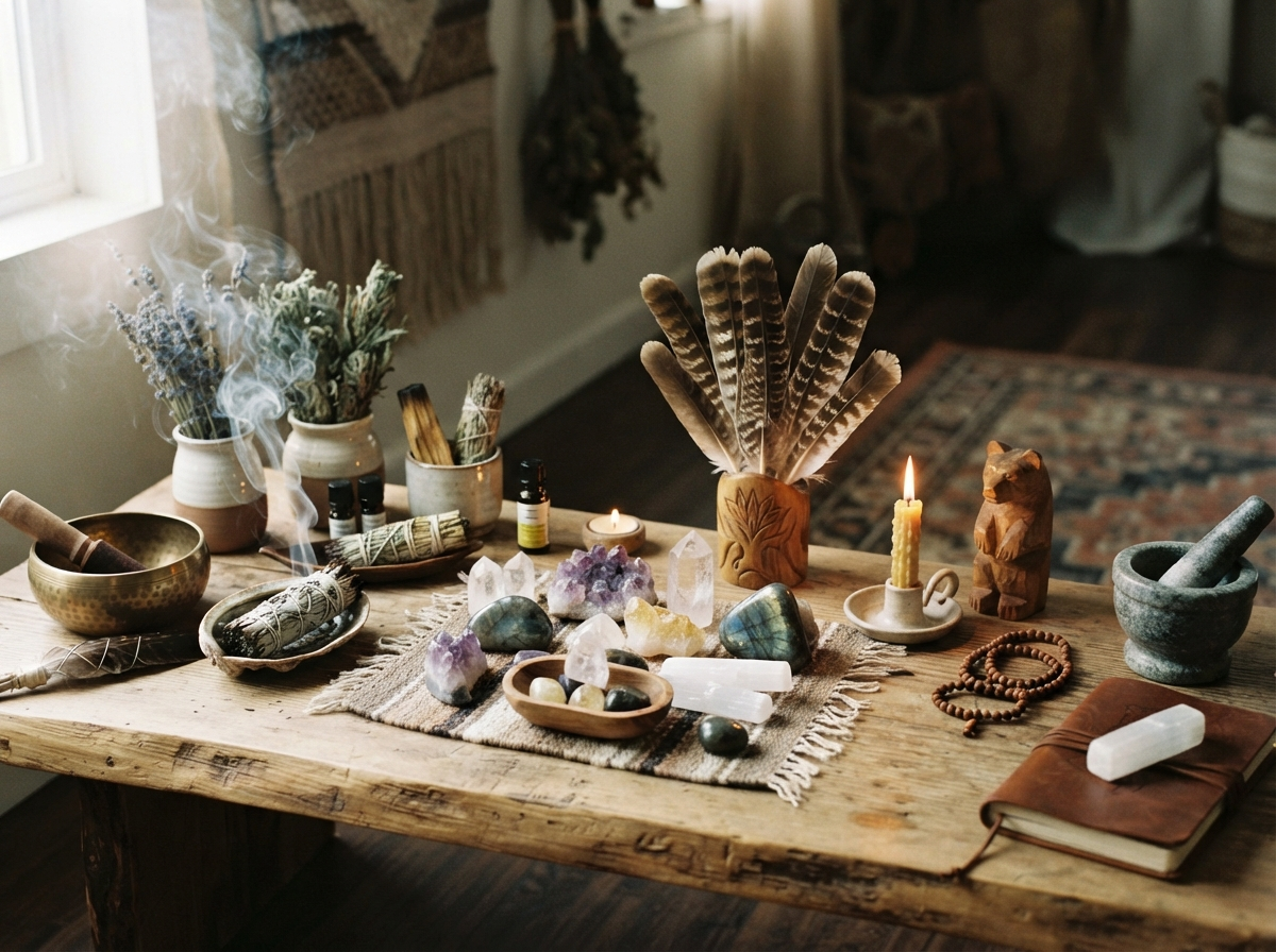 Shamanic altar space with sacred healing tools and crystals