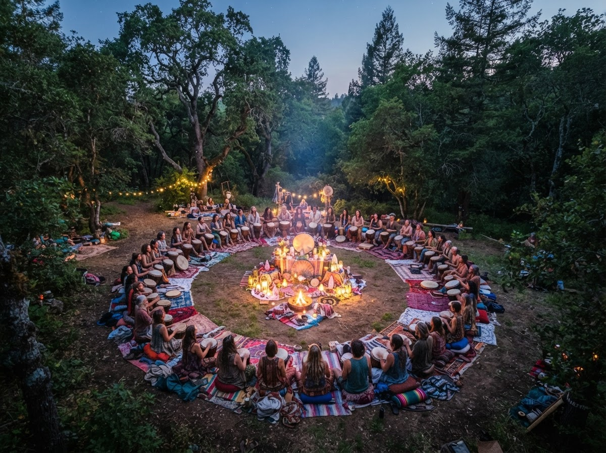 Sacred healing circle with ethereal light and spiritual community gathering