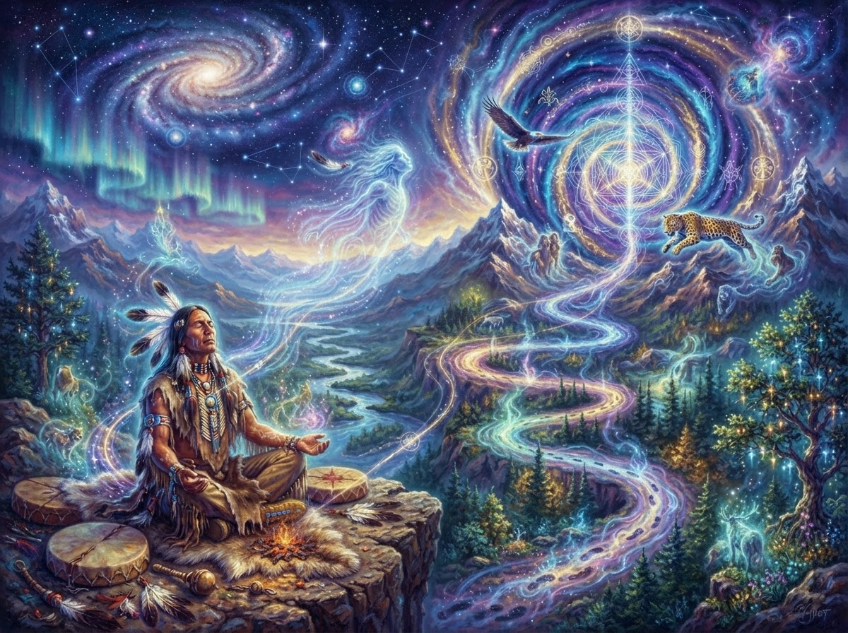 Shamanic journey visualization with spiritual portals and transformation