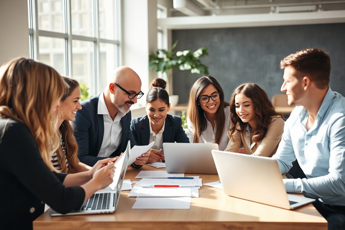 Professional team collaborating in modern office environment