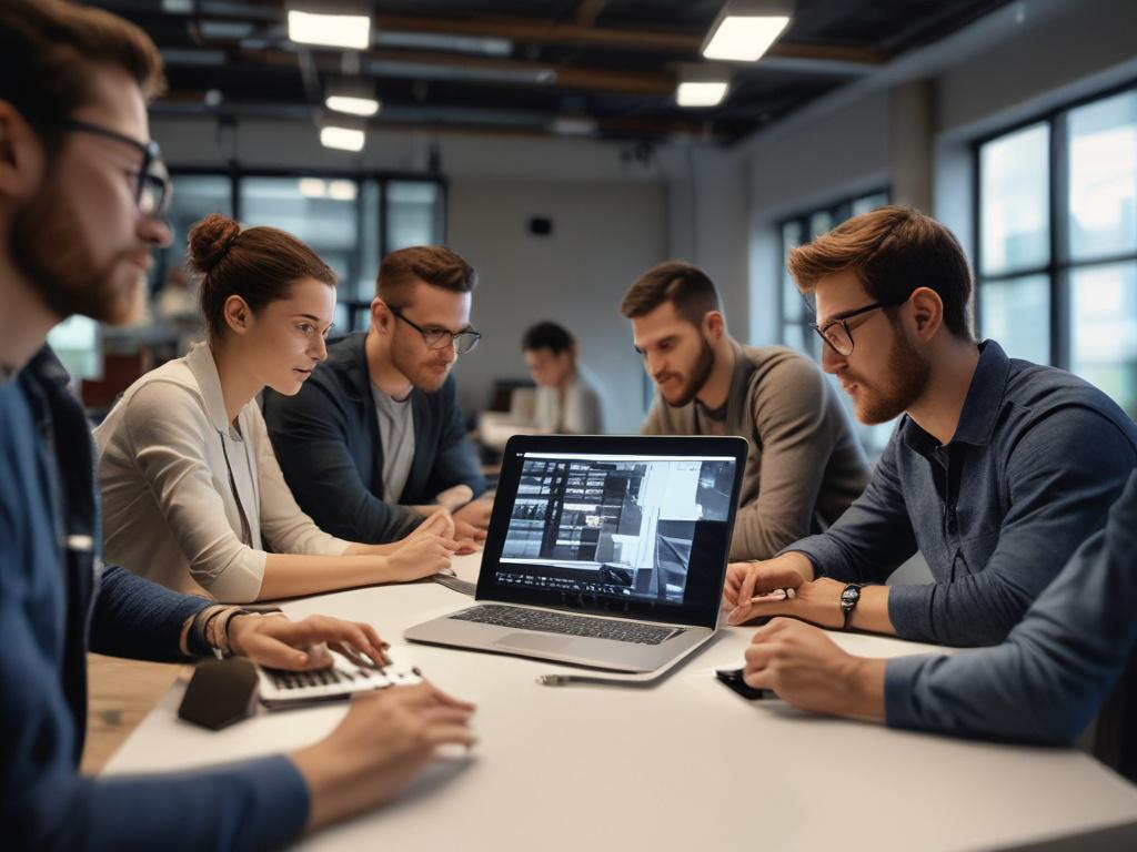 A close up shot of a diverse team of software