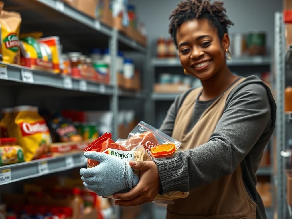 A close-up shot of a volunteer distributing food from the Kingdom Builders Food Pantry, showcasing kindness and compassion. The background features shelves filled with food items, highlighting community support and generosity.