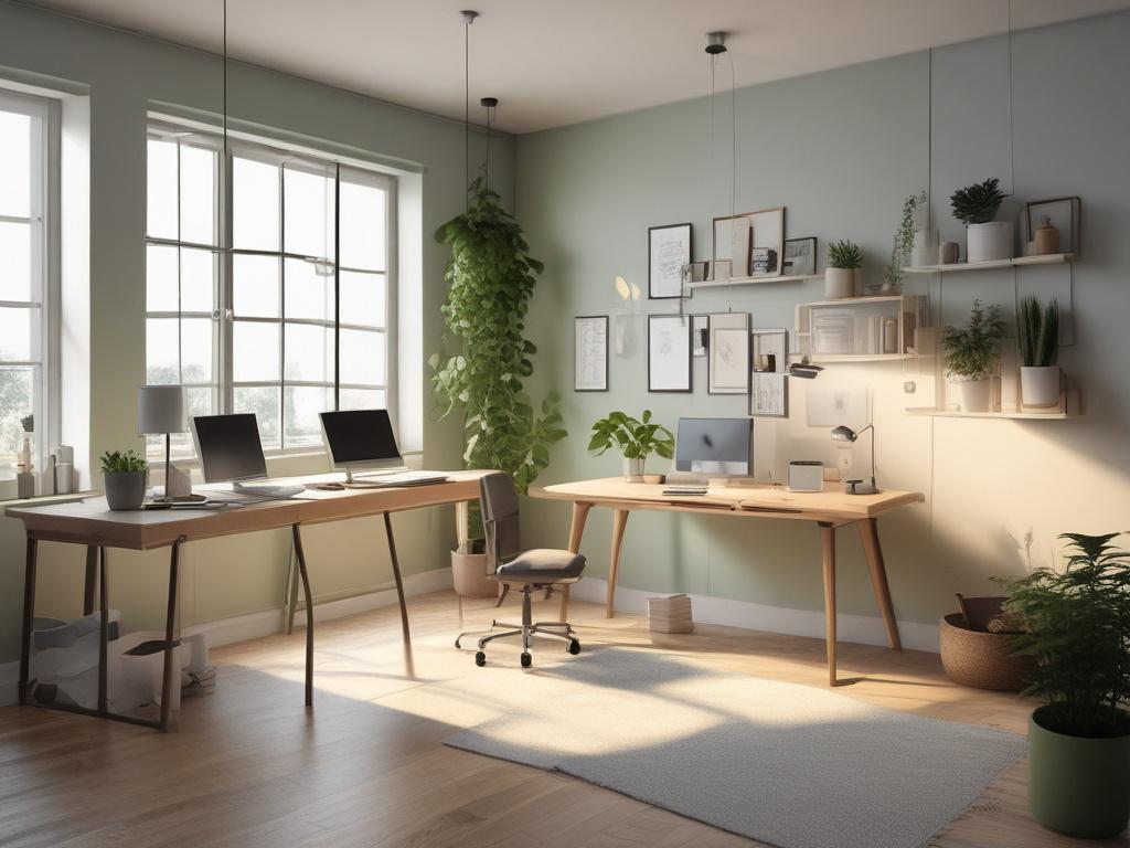 A serene and peaceful office space with soft lighting, showcasing