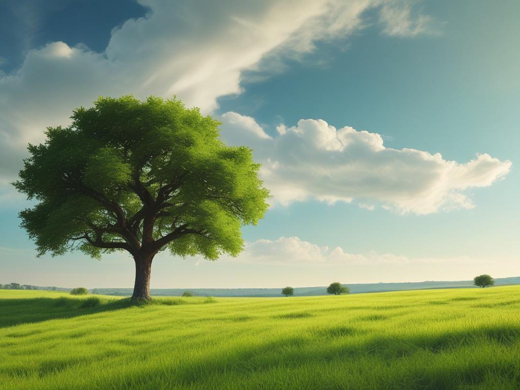 A serene landscape featuring a soft green field under a gentle sky, symbolizing safety and security. The composition should focus on a single, lush tree standing tall in the center, radiating a sense of peace and trust. The lighting should be soft and inviting, enhancing the tranquil atmosphere.
