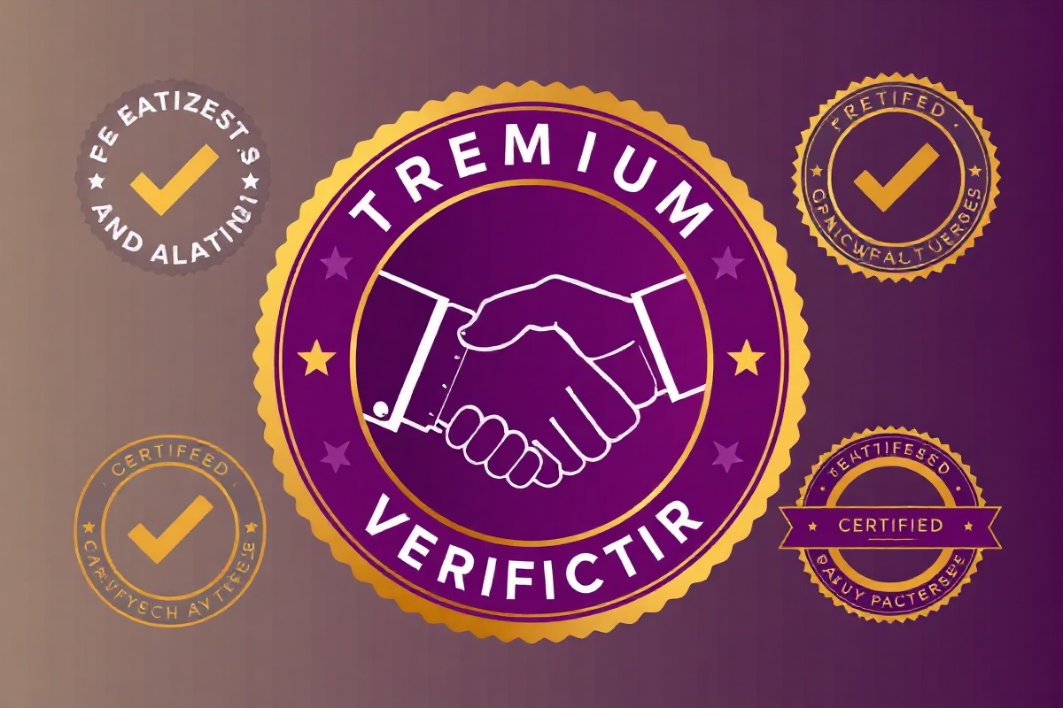 Premium trust and verification with purple and gold badge