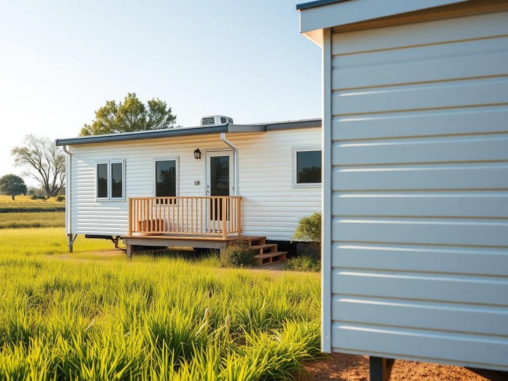 A realistic high-resolution photo of a beautifully designed mobile home set in a serene landscape. The mobile home should be parked on a clear, sunny day, surrounded by lush green grass and a few trees in the background. The focus should be on the home itself, showcasing its modern design and inviting porch, with natural light emphasizing its features. The composition should be simple and clear, capturing the essence of comfortable mobile living.