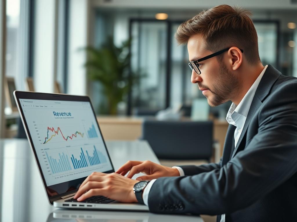 A hyper-realistic image of a businessperson analyzing revenue data on a laptop, with graphs and charts displayed on the screen. The background is a bright office setting, emphasizing productivity. The focus is on the individual’s engaged expression, representing the importance of data-driven decisions.