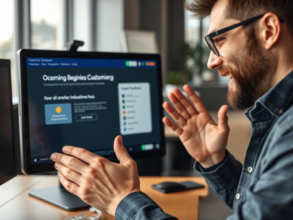 A close-up shot of a business owner engaging with a digital interface, showcasing a user-friendly onboarding process. The background is a modern office environment, with a computer screen displaying the onboarding platform. The owner appears enthusiastic and focused, emphasizing the connection with customers.
